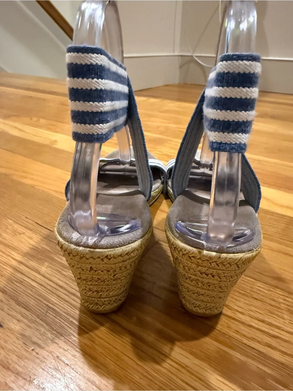 CHARLESTON SHOE CO. French Blue & White Striped Elastic Espadrille Wedge Sandals